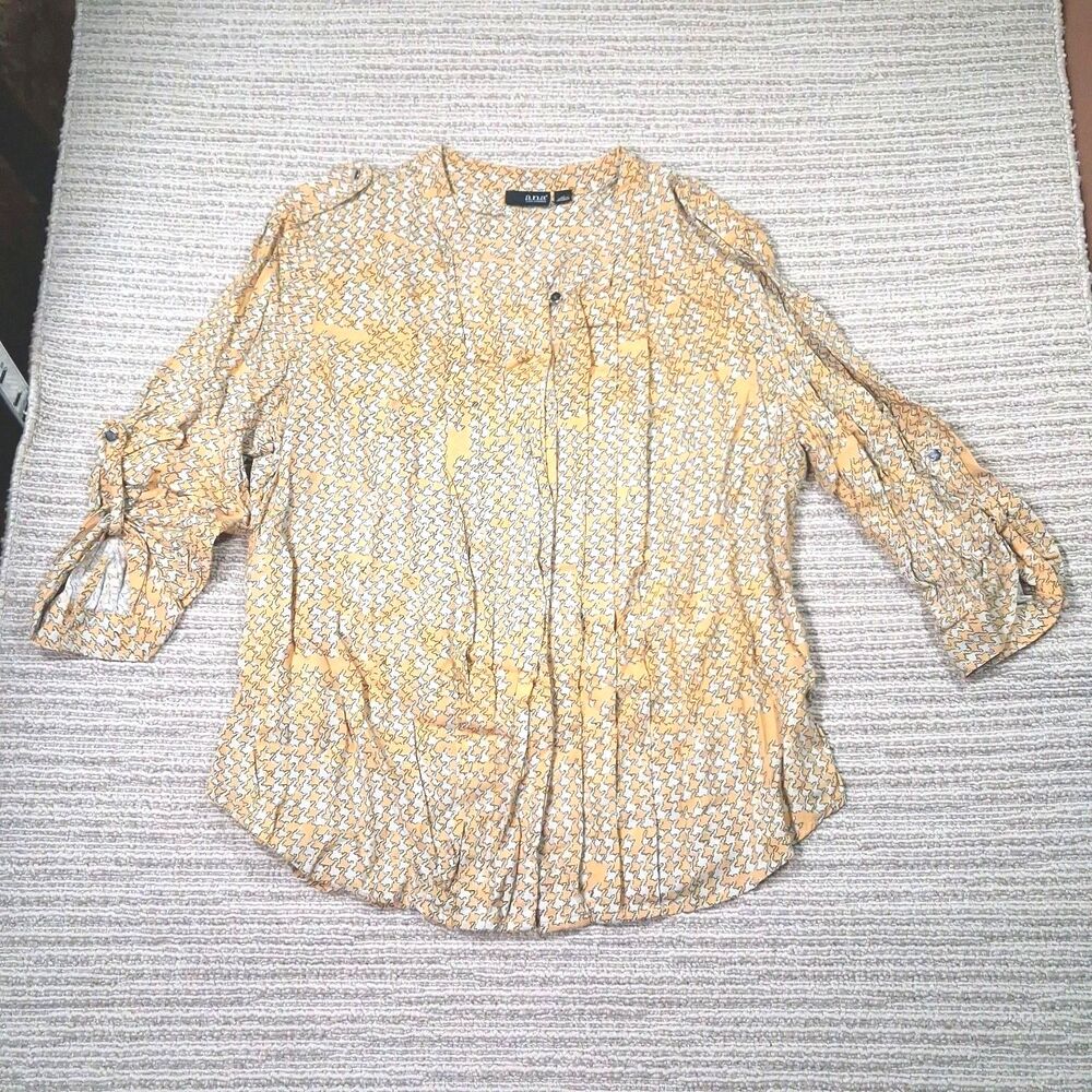 a.n.a Womens XL Yellow Geometric Houndstooth Roll Tab Sleeve Pleated Blouse Top